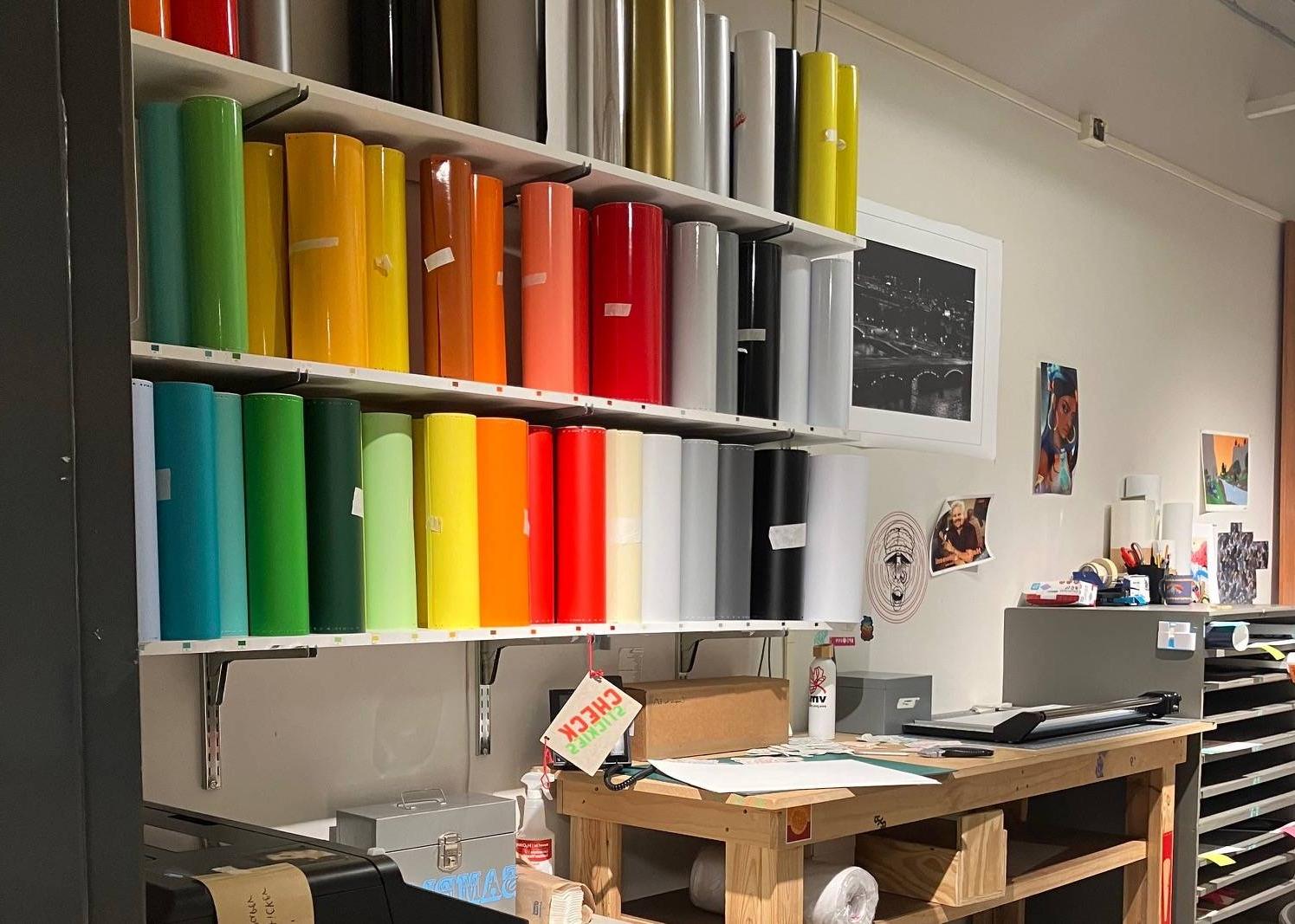 Digital Print Shop vinyl colors and workspace